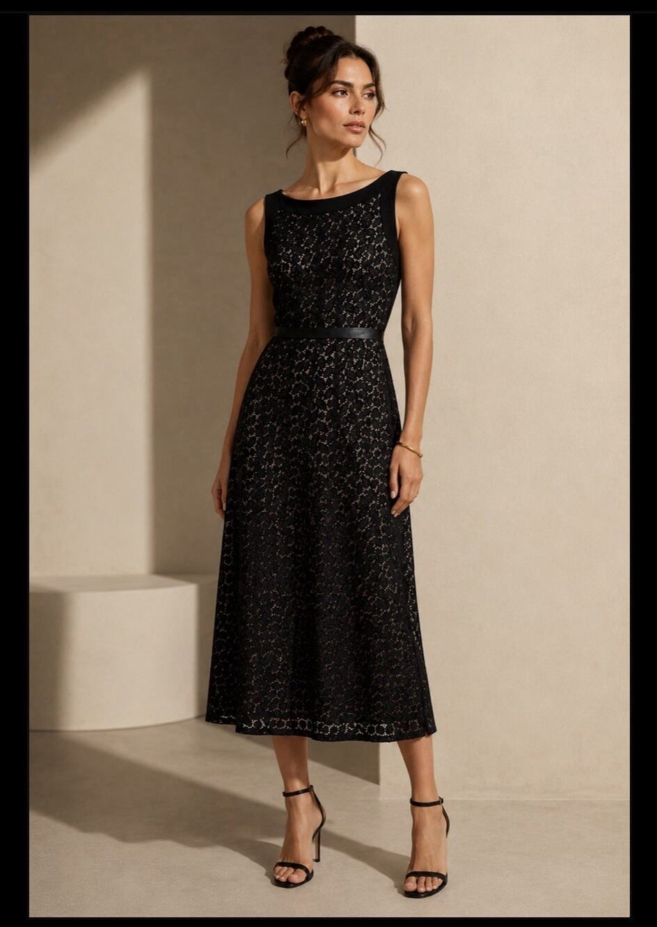 NEW Perceptions Midi Dress Black & Nude Overlay Lace Minimalist Luxury Evening